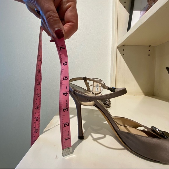 Jimmy Choo Satin Gemstone Open Toe Heels Pewter Champagne size 10, heel 4 1/2 - Picture 5 of 16